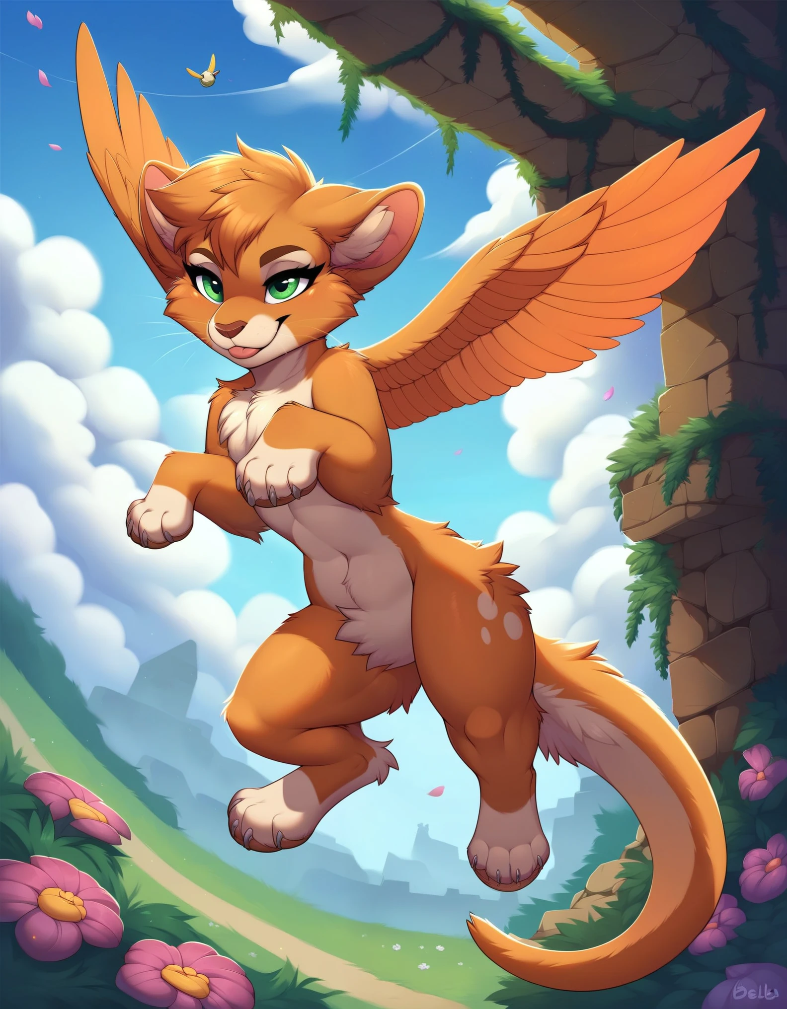 score_9, score_8_up, score_8, rating_explicit, solo, (((cub))), brown brows, brown nose, (((feral))), (floating, flying, tomboy), dungeon, flowers,  (fidget), (nimbat), female, green eyes, toes, furry, whiskers, claws,  (((seductive, naughty, teasing, crotch, fluffy, view bellow)))