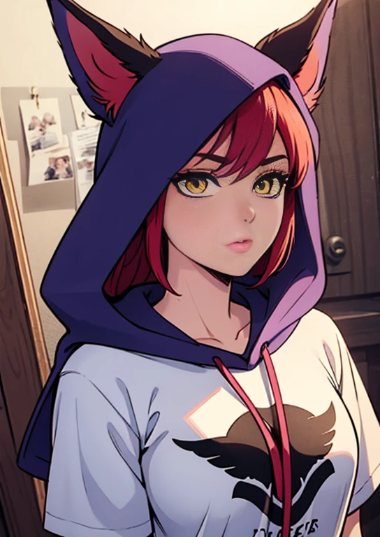 Xayah,T-Shirts, Animal ears, Yellow Eyes, Nose Piercing, Casual clothing, Portraiture, amazing, Hair that falls over the shoulders, No hood, beautiful, 4K
