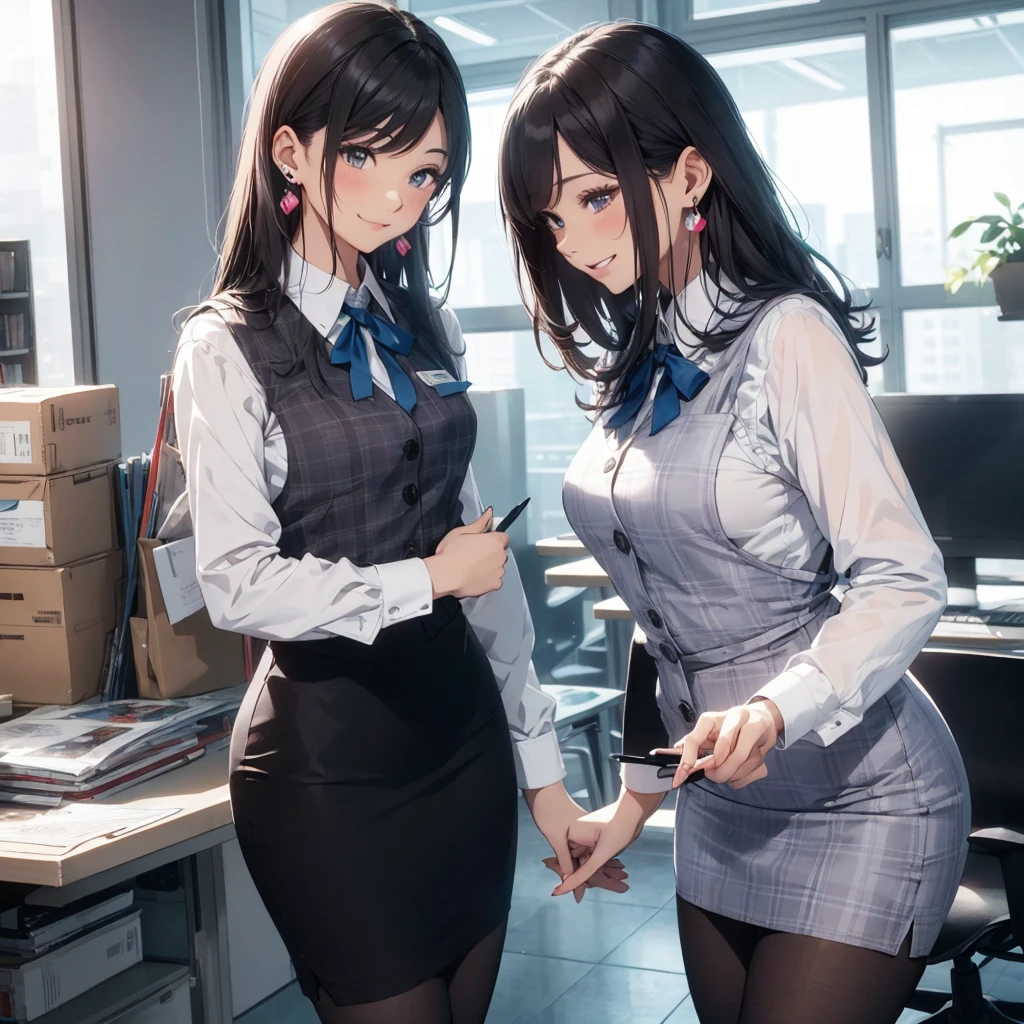 (Best Quality, Masterpiece),Wearing a pink plaid vest, White short sleeved shirt, Gray pencil skirt, Wear stiletto heels, Necklace, earrings, Cute face, Smile, Blushing, Shyness, Glass wall, Ultra Detail, Realistic, Front view, Whole body, stunning, cute, warm smile, hourglass figure, apron, text, chart, advertising, magazine title(Best Quality, Masterpiece), Mag((((1ladyl,)))) (masterpiece), (realistic), (best quality), (ultra-detailed), (wearing in [[white and gray check pattern]] Vest worn over white collared long-sleeved shirt:1.4), (gray vest with buttons:1.2), (Pink Theme:1.2), (blue ribbon ribbon:1.3), (Black theme:1.4), (Tight black pencil skirt:1.5), ((Brown pantyhose)), (high-heels:1.1),longskirt,office desk, office chair,Lulubre Unity 8K Wallpaper, pantyshot, long brown hair, office lady Magazine Cover, 1girl,  amazing, girl, 30 years old, house wiife, warm smile, hourglass figure, text, chart, advertising, magazine title