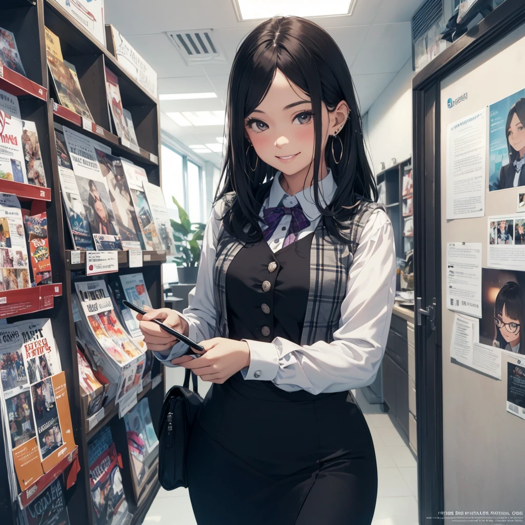 (Best Quality, Masterpiece),Wearing a pink plaid vest, White short sleeved shirt, Gray pencil skirt, Wear stiletto heels, Necklace, earrings, Cute face, Smile, Blushing, Shyness, Glass wall, Ultra Detail, Realistic, Front view, Whole body, stunning, cute, warm smile, hourglass figure, apron, text, chart, advertising, magazine title(Best Quality, Masterpiece), Mag((((1ladyl,)))) (masterpiece), (realistic), (best quality), (ultra-detailed), (wearing in [[white and gray check pattern]] Vest worn over white collared long-sleeved shirt:1.4), (gray vest with buttons:1.2), (Pink Theme:1.2), (blue ribbon ribbon:1.3), (Black theme:1.4), (Tight black pencil skirt:1.5), ((Brown pantyhose)), (high-heels:1.1),longskirt,office desk, office chair,Lulubre Unity 8K Wallpaper, pantyshot, long brown hair, office lady Magazine Cover, 1girl,  amazing, girl, 30 years old, house wiife, warm smile, hourglass figure, text, chart, advertising, magazine title