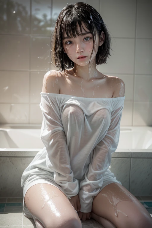 high quality, detailed,a girl with white water drops on her face.she is taking a shower,lots of white water droplets.(at night:2.0),green eyes.she is  japanese bitch gal,prostitute,in the shower room,she has a mole under her eye,(smallest breasts),(wearing long sleeve white oversized t-shirt dress,offshoulder,very very wet thin fabric shirt,),blunt bangs,((bob hair,very wet hair and wet face,shiny face)),((wearing overknee socks)),slender,face up,nipples,temptation,orgasm,