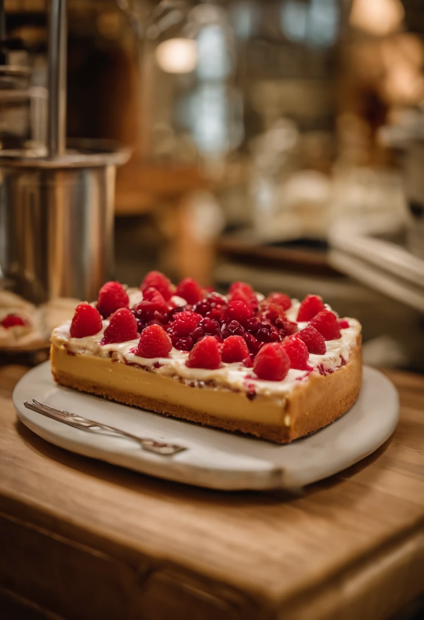 Red fruit cheesecake on a pastry counter; display of berry cheesecake in the confectionery shop; 8k; best photographer in the world; photography for food exhibition; product marketing; delicious cheesecake; maximum reality; perfection from the best confectioner in the world;