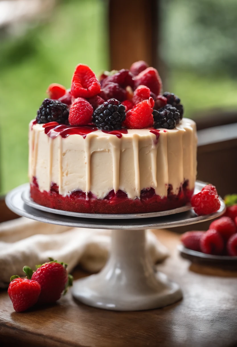 Red fruit cheesecake on a pastry counter; display of berry cheesecake in the confectionery shop; 8k; best photographer in the world; photography for food exhibition; product marketing; delicious cheesecake; maximum reality; perfection from the best confectioner in the world;