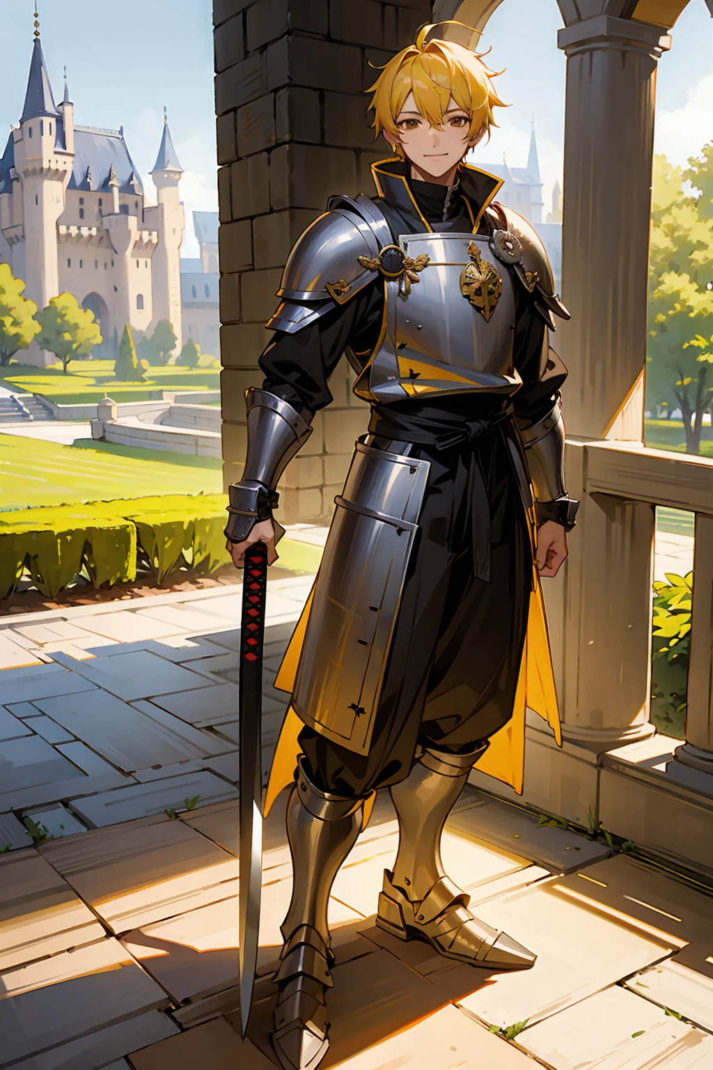 1male, Adult, Brown Eyes,  Yellow Hair, Multicolored Hair, Short Hair, Knight Armor, Castle, Katana, Standing on Path, Smile, Sunny Day