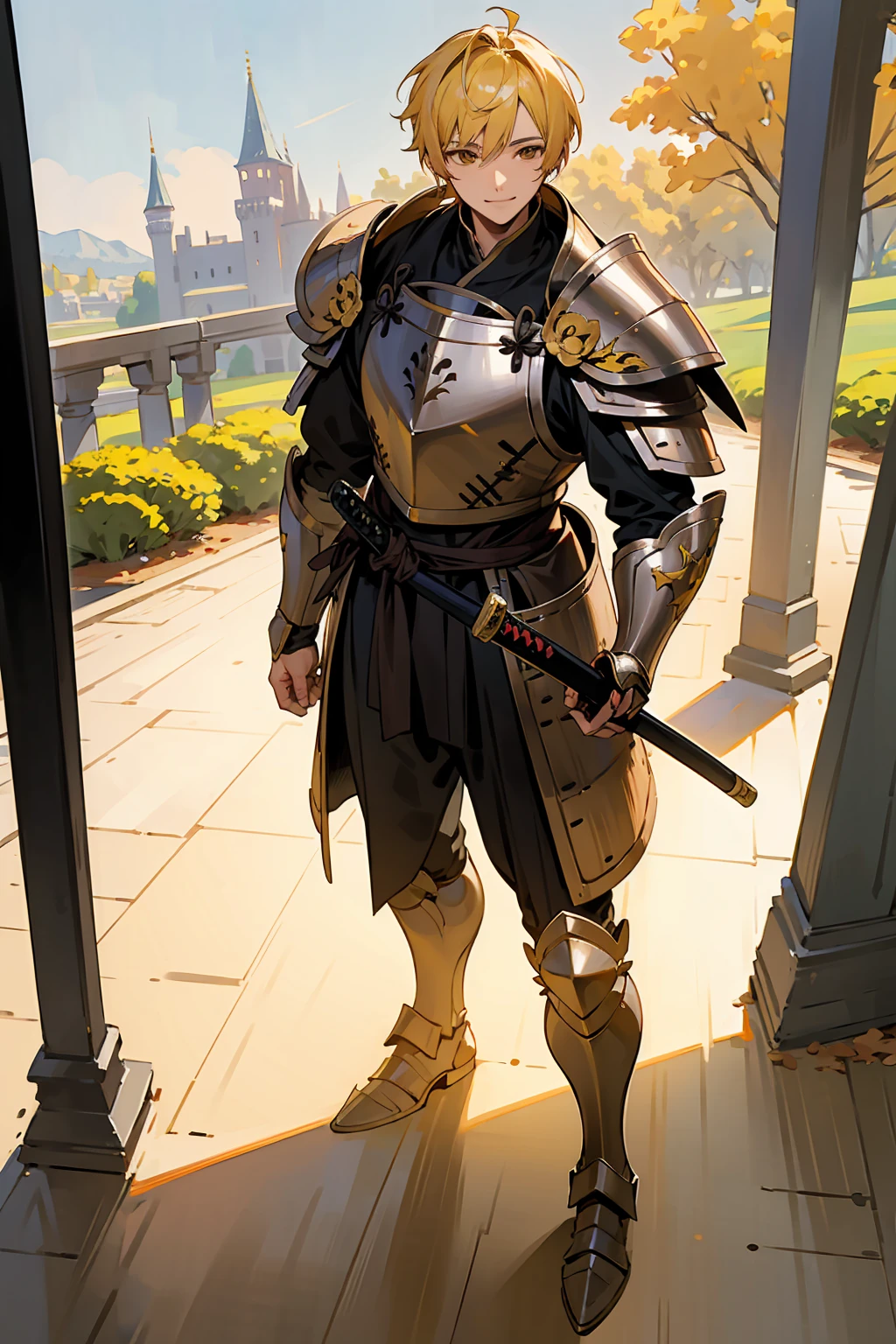 1male, Adult, Brown Eyes,  Yellow Hair, Multicolored Hair, Short Hair, Knight Armor, Castle, Katana, Standing on Path, Smile, Sunny Day