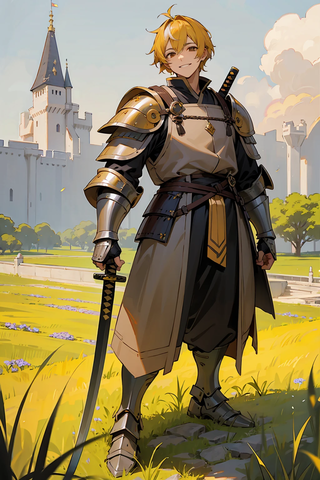 1male, Adult, Brown Eyes,  Yellow Hair, Multicolored Hair, Short Hair, Knight Armor, Castle, Katana, Standing on Path, Smile, Sunny Day