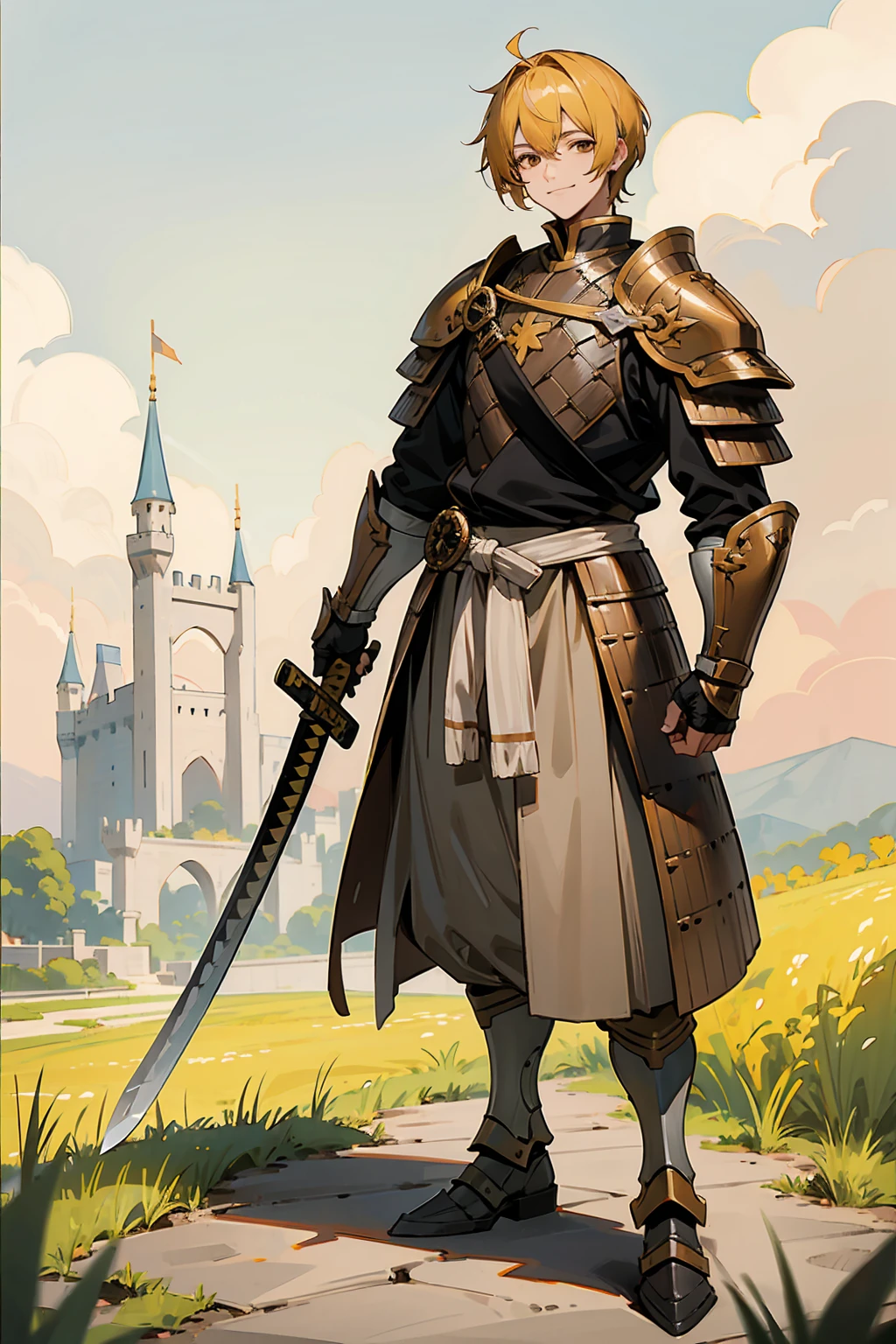 1male, Adult, Brown Eyes,  Yellow Hair, Multicolored Hair, Short Hair, Knight Armor, Castle, Katana, Standing on Path, Smile, Sunny Day