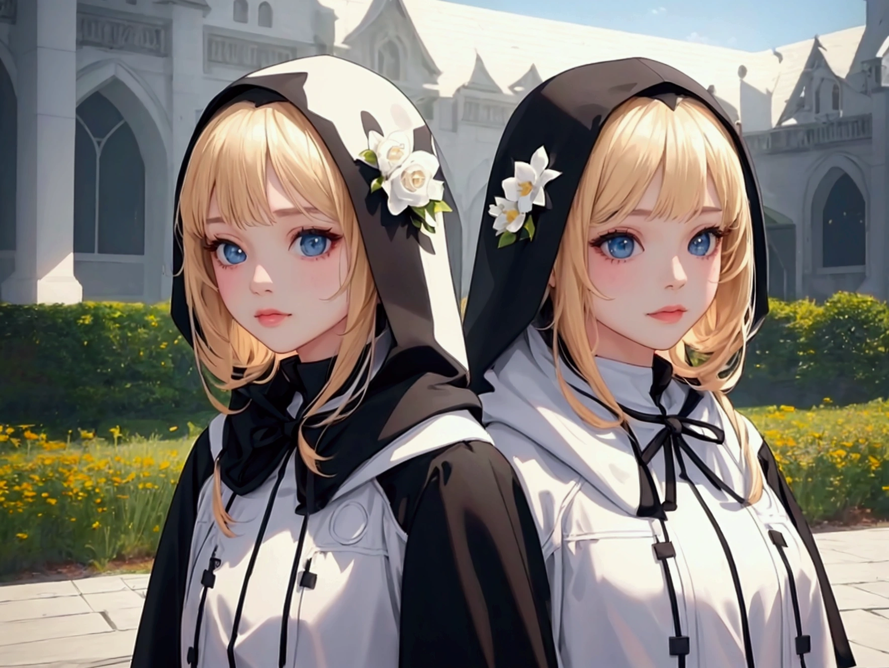2 cute girls in hooded cat-themed outfits, one with black hair and black clothes, the other with blonde hair and white clothes, flower field background, (best quality,4k,8k,highres,masterpiece:1.2),ultra-detailed,(realistic,photorealistic,photo-realistic:1.37),intricate details, vibrant colors, soft lighting, magical atmosphere, whimsical, adorable, portrait style