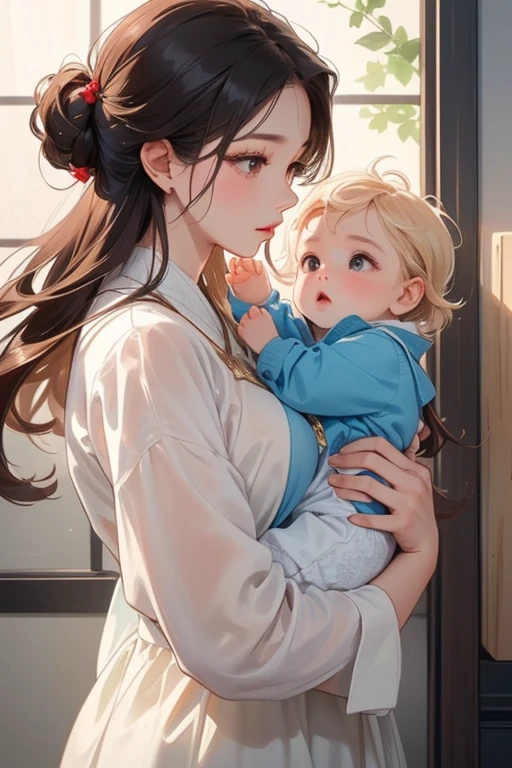 ((best qualityer)), ((work of art)), (detailded), woman holding a baby boy in her arms, bae suzy, Jaeyeon Nam, jia, with ivy, Gongbi, profile image, with a , adorable and pale korean face, she has a cute and expressive face, Of me, # oc, with yellow cloths, #oc, lulu chen, jennie blackpink, profile image, Jinyoung Shi 8K Resolution