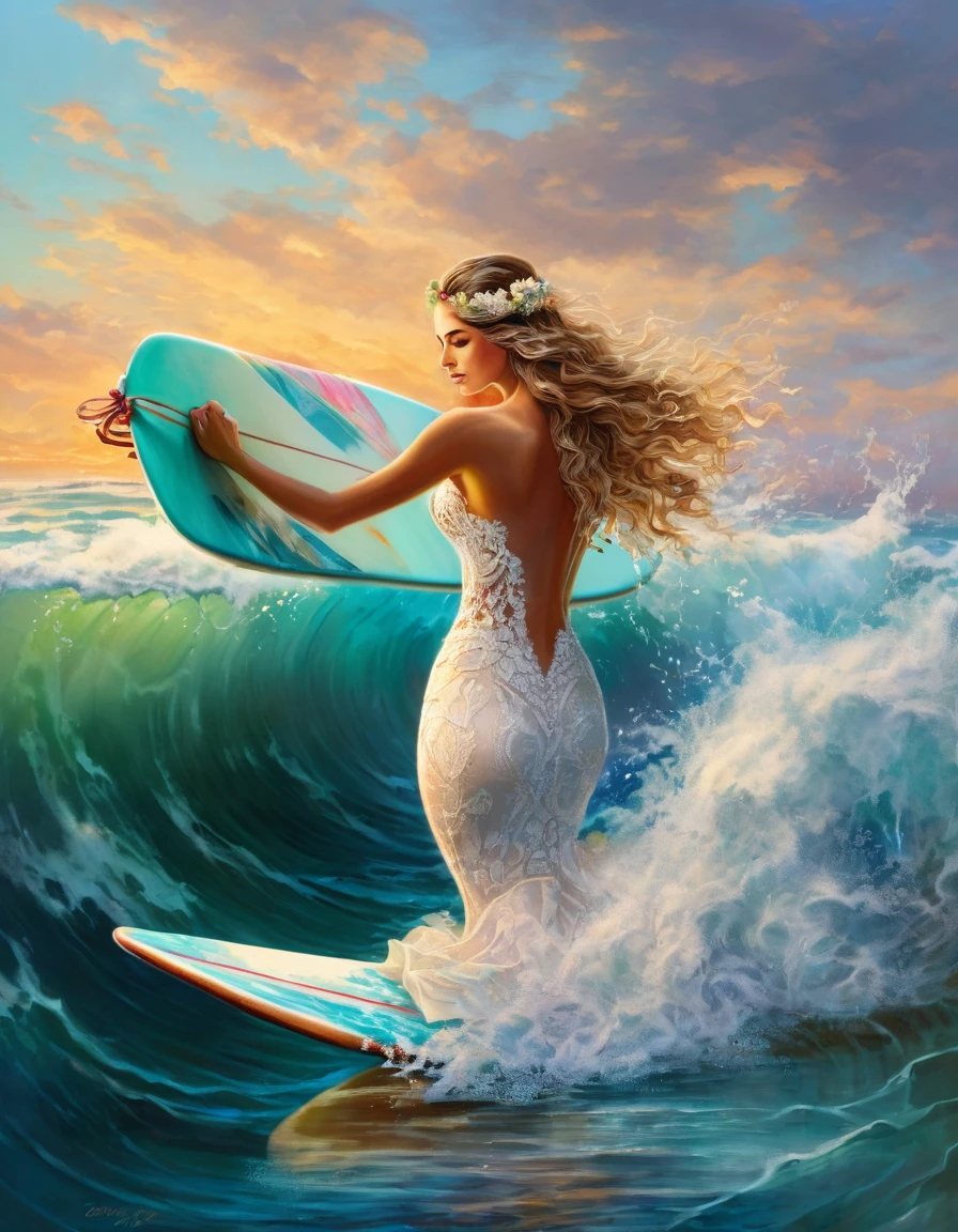a portrait of a bride surfing the waves, on a sunny day in ocean, an exotic beautiful bride, ((anatomically correct: 1.5)) ultra detailed face, dynamic hair color, dynamic hair style, dynamic skin complexion, (best detailed face: 1.5), busty wearing intricate, elegant bride's dress, glamour bride dress, barefoot, she is surfing an (surf board: 1.3) she surfs a massive wave, sunny day, sun rays, some clouds, wavy ocean background, vibrant, Ultra-high resolution, High Contrast, (masterpiece:1.5), highest quality, Best aesthetics), best details, best quality, highres, 16k, (ultra detailed: 1.5), masterpiece, best quality, (extremely detailed) RAW, (ultra details, Masterpiece, best quality), Dark Art Painting Style, princess dress