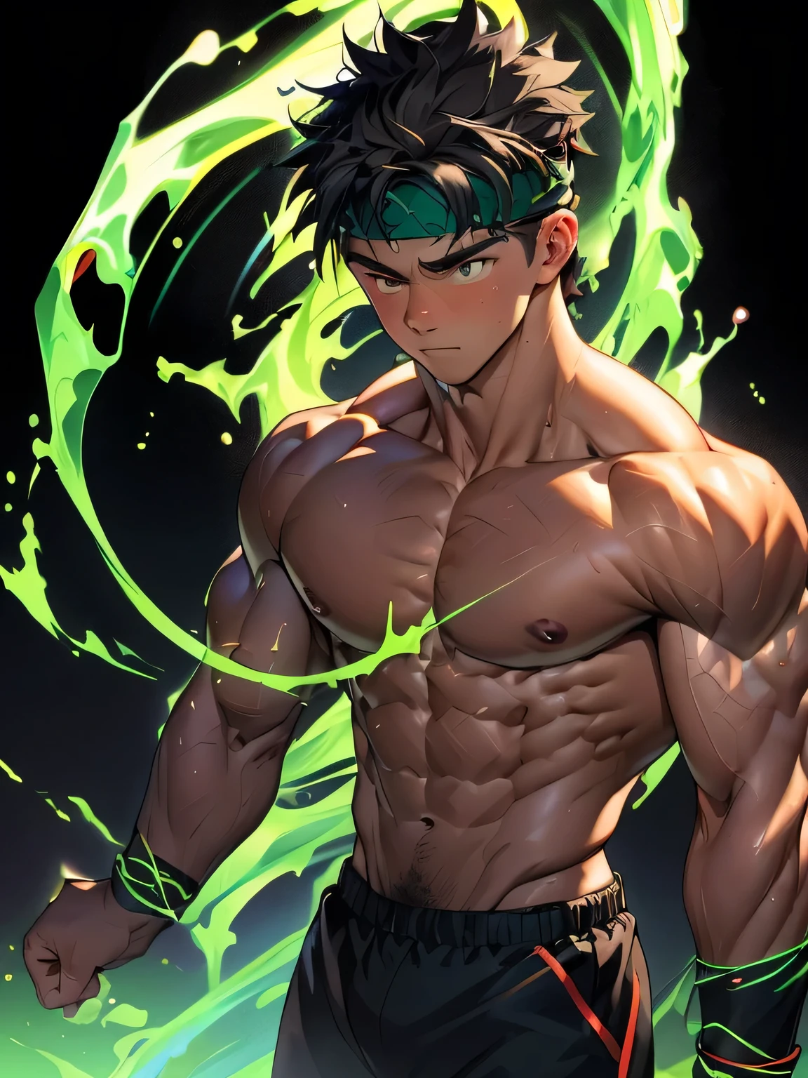 ((masterpiece, best quality)), (((((black background, deep night))))), (19 year old boy, worm eyes, Young boy, muscler, Shirtless, topless), ((((1boy, flesh, tough, reliable, developed body, blue and green aura effect, holding aura energy)))), (Dark Short straight hair, ((almost completely shaved hair)), under cut, brown eyes), (((red headband, black wristband))), Vivid colors, ((hot Abs:1.2, abs!, big abs, big breast:1.2, chest!, muscler upper arms)), muscler!, muscler body, detailed face, detailed muscle, (((rippling muscles, Flowing energy, giving off an aura of holy power))), Include intense special effects such as bursts of light, energy waves, and wind to emphasize the power of his magic. Highlight his aura