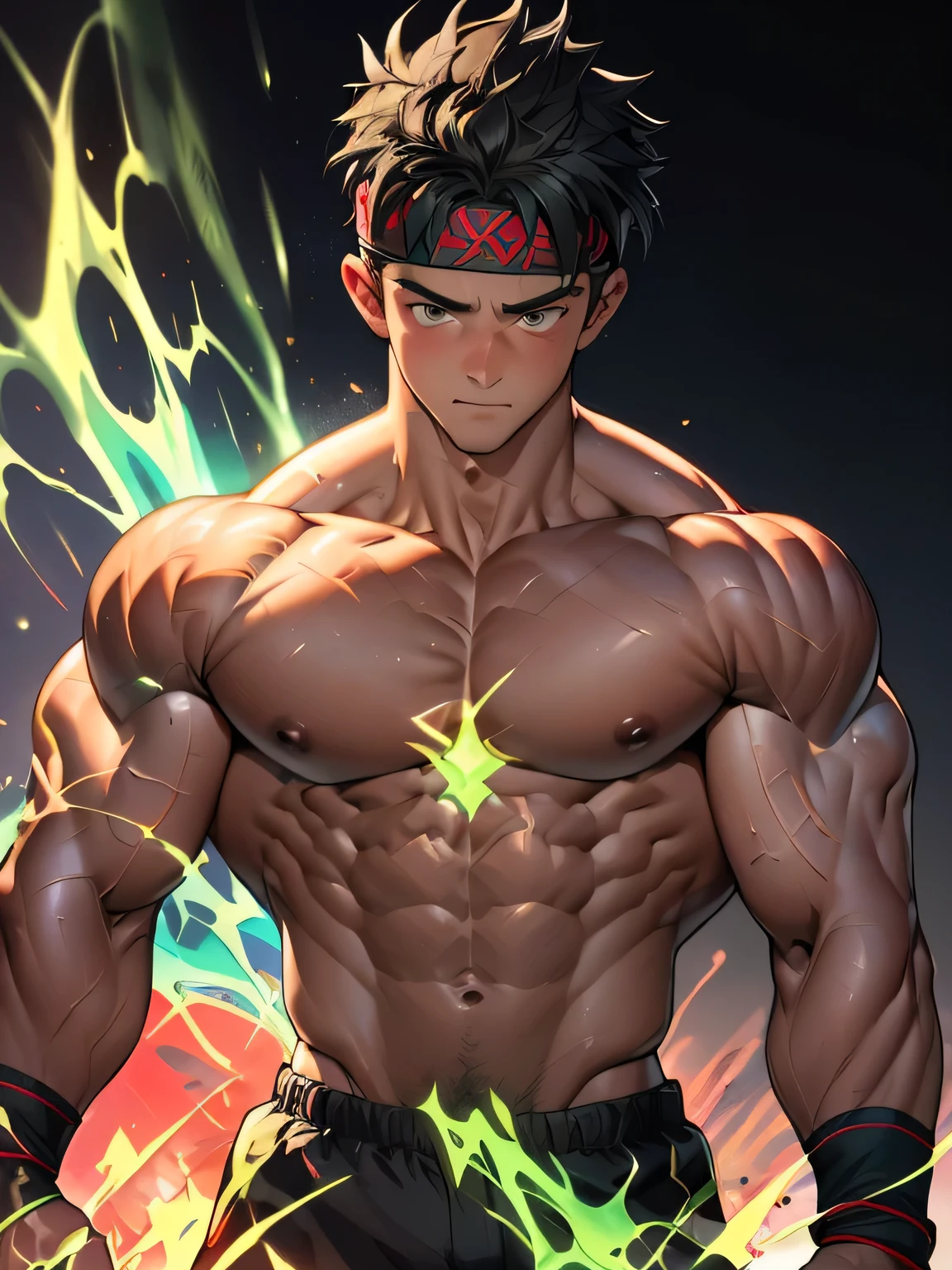 ((masterpiece, best quality)), (((((black background, deep night))))), (19 year old boy, worm eyes, Young boy, muscler, Shirtless, topless), ((((1boy, flesh, tough, reliable, developed body, blue and green aura effect, holding aura energy)))), (Dark Short straight hair, ((almost completely shaved hair)), under cut, brown eyes), (((red headband, black wristband))), Vivid colors, ((hot Abs:1.2, abs!, big abs, big breast:1.2, chest!, muscler upper arms)), muscler!, muscler body, detailed face, detailed muscle, (((rippling muscles, Flowing energy, giving off an aura of holy power))), Include intense special effects such as bursts of light, energy waves, and wind to emphasize the power of his magic. Highlight his aura