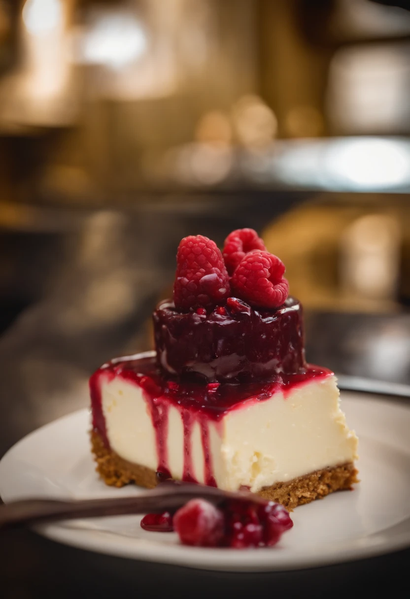 Red fruit cheesecake on a pastry counter; display of berry cheesecake in the confectionery shop; 8k; best photographer in the world; photography for food exhibition; product marketing; delicious cheesecake; maximum reality; perfection from the best confectioner in the world; 