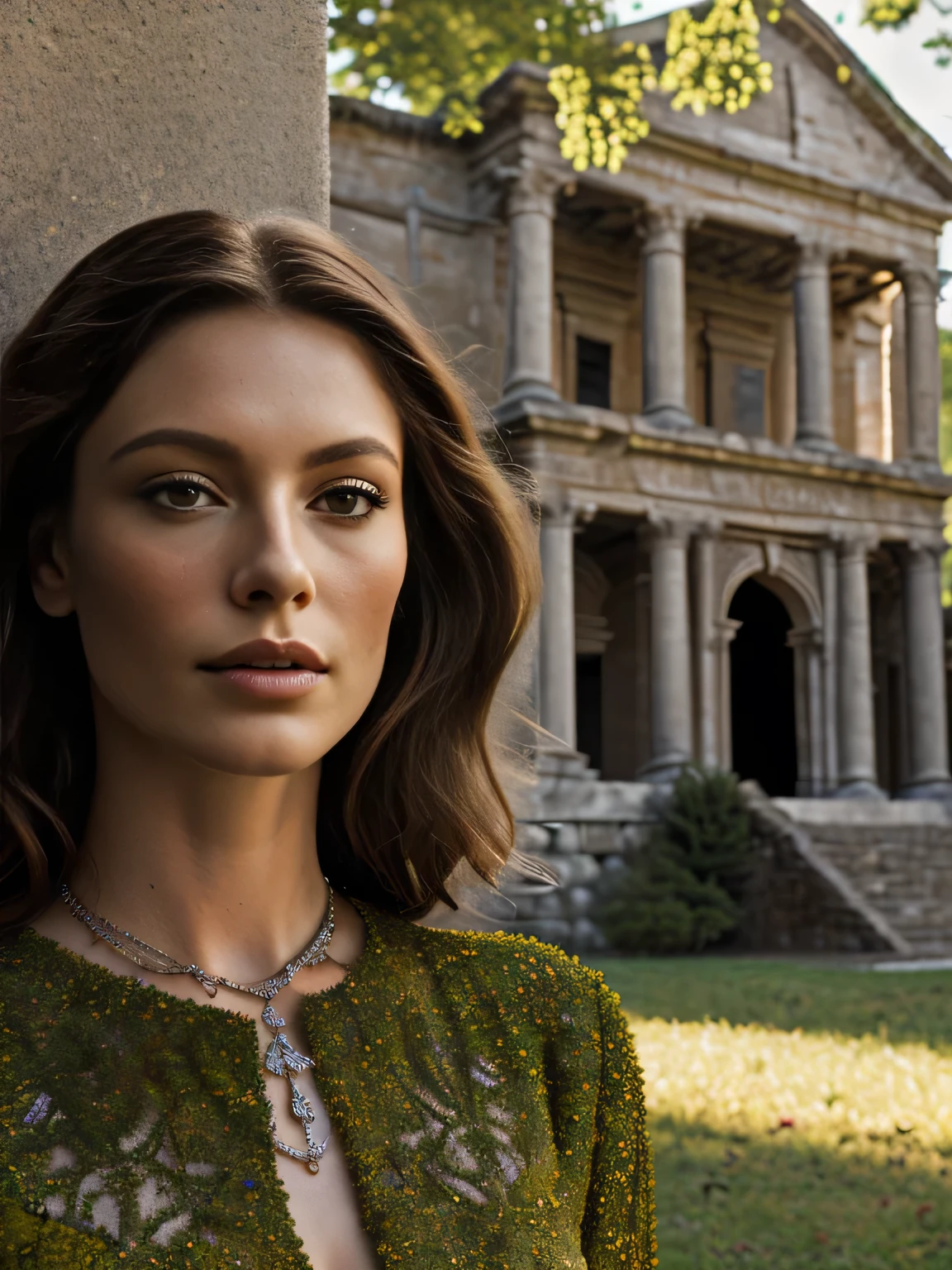 nude woman posing in front of a stone building in a park, exhibant au naturel, naturist, full frontal portrait, inspired by Piero di Cosimo, inspired by Paul Delvaux, inspired by Cindy Sherman, ancient ruins behind her, posing au naturel, calude monet style, elke, vulvina queen of ecstasy. The image shows a beautiful 40-year-old woman posing in front of a stone building in a park, full front portrait, ancient ruins behind her.
Woman with tanned white skin and medium-length dark brown hair. She is about 40 years old, 165 cm tall and weighs 56 kg, a masterpiece of art. Slender body, thin waist, very elaborate and perfect face. She has a perfect mouth, a perfect face, hyperrealism, highly worked skin, perfect face. Clear photo, high resolution, high quality, masterpiece, 16K photo. Highly realistic, hyperrealism, high contrast, ((Masterpiece, best quality)), full body view, cinematic lighting, ultra realistic, contrast, close up, cinematic light, ultra high resolution, RAW, high contrast, masterpiece.