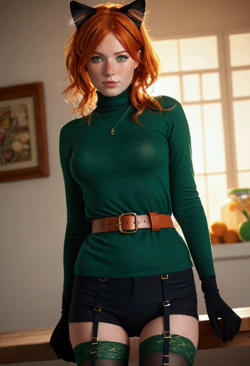 mother, Masterpiece, Best quality, ultra detailed, Beautiful lighting, 1 girl, Orange hair, cat ear, Green eyes, freckles, turtleneck top, I look at the viewer, detailed black stockings with belt, juicy ass