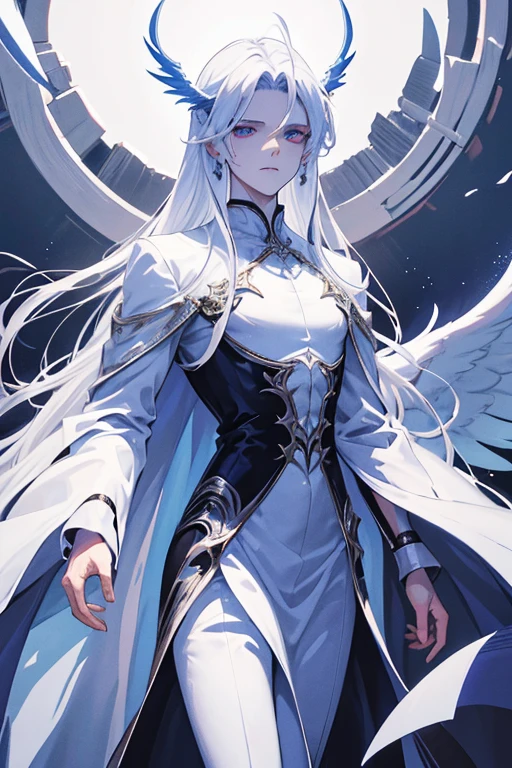 Zephariel, known in his male form as Daniel, He is a figure of imposing presence who embodies the duality of his celestial and demonic heritage.. with a height of 1.85 meters and an athletic build, Her silver hair and heterochromatic eyes—one blue and the other red—contrast with her extremely pale skin.. His wings, majestic and white on the outside, hide a dark skeletal representation inside, symbolizing its complex nature. Your clothing, always practical and elegant, hides his identity while reflecting his ethereal origin. Daniel emanates an enigmatic and captivating aura, combining strength and agility with almost unreal beauty, leaving a lasting impression on all who know him.