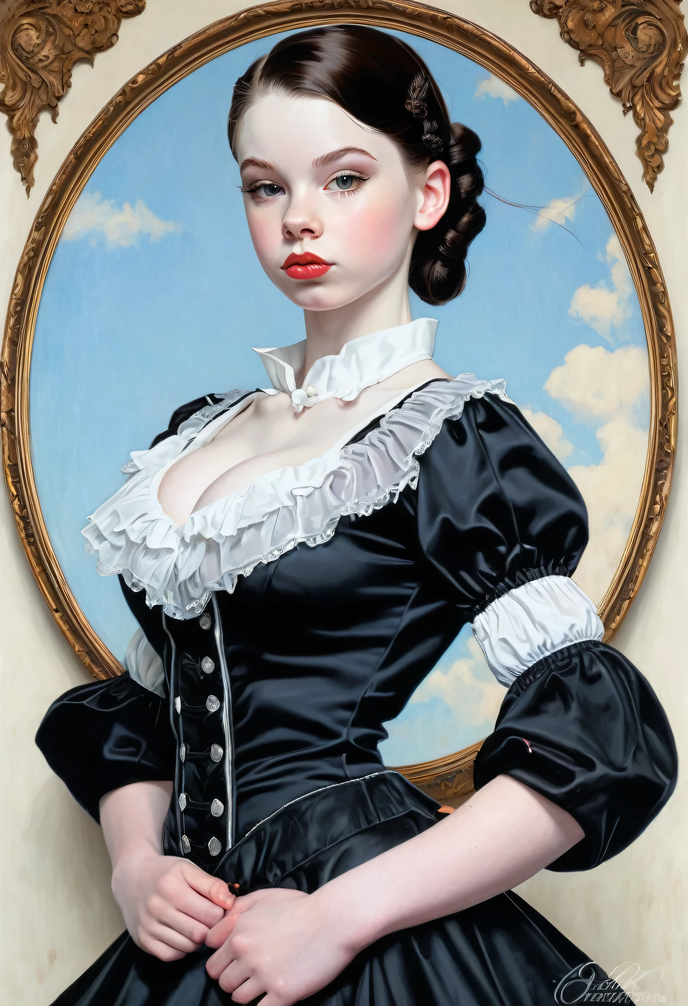 pale skin muscular goth brunette  girl huge breasts in the style of Norman Rockwell