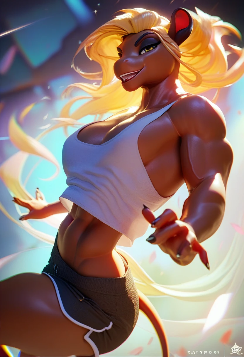An (anthropomorphic bee shape, goddess with long blonde hair), (((wearing loose tank top, shorts, yellow with black detailing))), ((posing)), hourglass sexy body highly detailed, dynamic pose, 8k, hyper detailed, studio lighting, sharp focus, intricate details, elegant, graceful, dynamic, action pose, female protagonist, dramatic lighting, cinematic composition