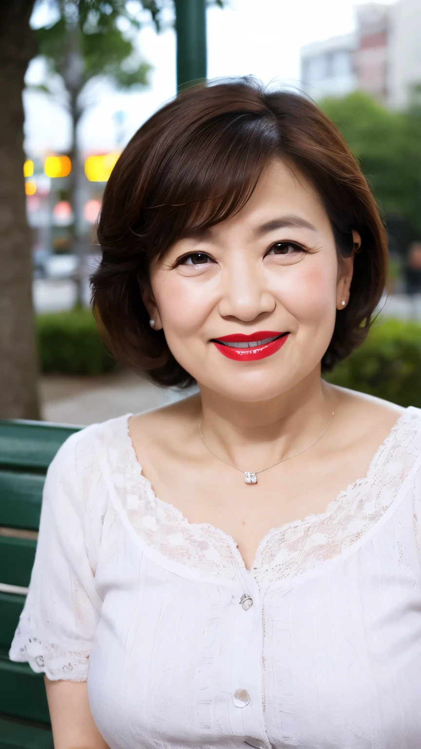 sitting on a park bench, Wrinkles around the eyes, Smiling with teeth showing, Plain short-sleeved clothing, senior citizen, Draw lips correctly, Red lipstick, No discomfort, 16K, Highest quality, Very detailed, Realistic, Very detailed肌, Japanese, alone, 60 years old, Large Breasts, , Glamour, sexy, , Staring straight ahead,