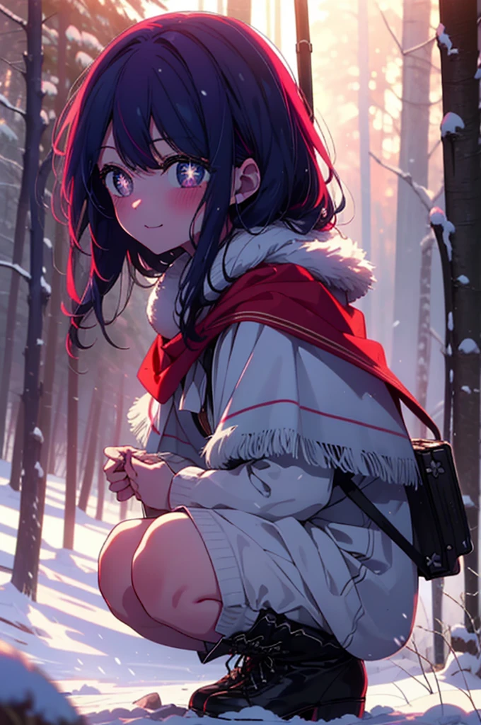 aihoshino, Ai Hoshino, Long Hair, bangs, (Purple eyes:1.1), Purple Hair, (Symbol-shaped pupil:1.5), smile,,smile,blush,white breath,
Open your mouth,snow,Ground bonfire, Outdoor, boots, snowing, From the side, wood, suitcase, Cape, Blurred, , forest, White handbag, nature, Squat, Mouth closed, Cape, winter, Written boundary depth, Black shoes, red Cape break looking at viewer, Upper Body, whole body, break Outdoor, forest, nature, break (masterpiece:1.2), Highest quality, High resolution, unity 8k wallpaper, (shape:0.8), (Beautiful and beautiful eyes:1.6), Highly detailed face, Perfect lighting, Extremely detailed CG, (Perfect hands, Perfect Anatomy),