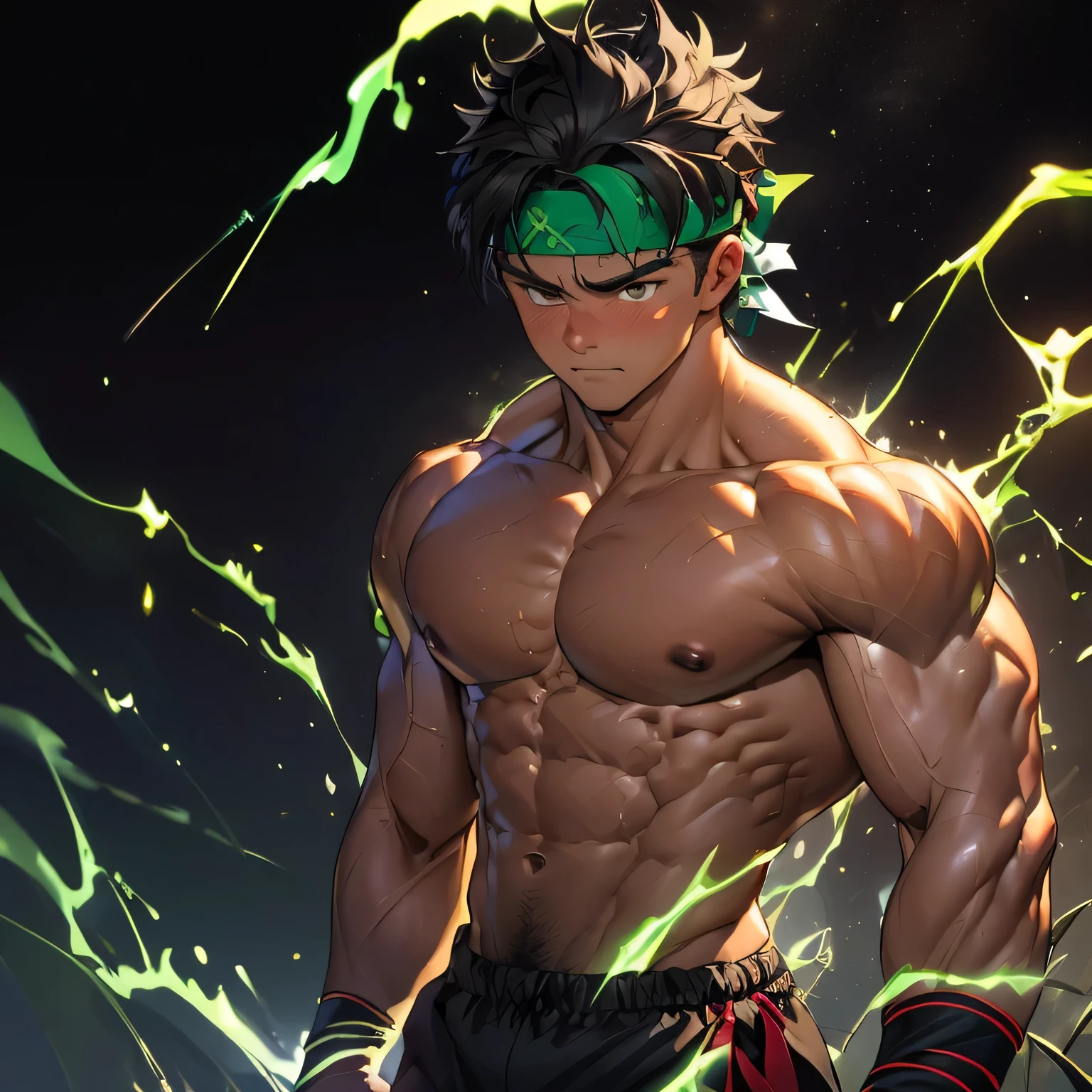 ((masterpiece, best quality)), (((((black background, deep night))))), (19 year old boy, worm eyes, Young boy, muscler, Shirtless, topless), ((((1boy, flesh, tough, reliable, developed body, blue and green aura effect, holding aura energy)))), (Dark Short straight hair, ((almost completely shaved hair)), under cut, brown eyes), (((red headband, black wristband))), Vivid colors, ((hot Abs:1.2, abs!, big abs, big breast:1.2, chest!, muscler upper arms)), muscler!, muscler body, detailed face, detailed muscle, (((rippling muscles, Flowing energy, giving off an aura of holy power))), Include intense special effects such as bursts of light, energy waves, and wind to emphasize the power of his magic. Highlight his aura