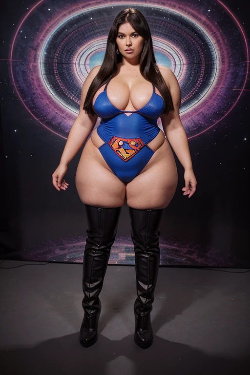 unconscious, (mature superheroine bbw , full body,), hands on hips and legs apart, hypno,