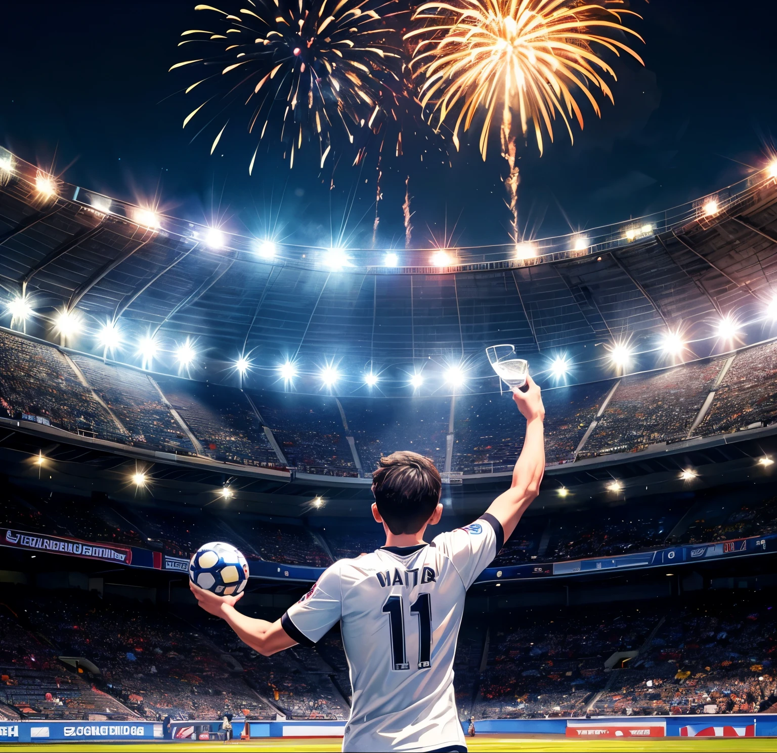 Disney Pixar style, fan, only shadow, from behind, shirt with number 10, of a Corinthians soccer player, no name on the back, soccer version, (((white shirt, with number in black))), (((characteristics, fan lifting the cup))), upper body, soft black and white background, several fans in, stylized sky, a light rising from the stadium, light rising like fireworks, fans inside the stadium, fans partying, packed stadium, all in shadows, no visible faces, stylized drawing, packed stadium, no name on the shirt, completely packed stadium, several fireworks, no name on the shirt, no name on the shirt, complete stadium of the same fans