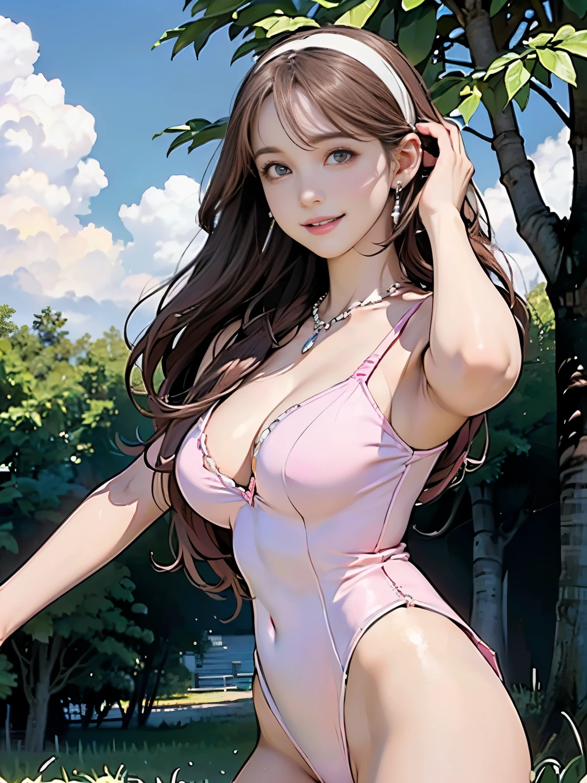 ((((Highest quality))))、(((Ultra-precision CG16K wallpaper)))、(((masterpiece)))、(((Super detailed)))、(((Extreme detail)))、((１Mature 29 year old woman:1.6))、((Very beautiful Japan face of a person))、((Urizane Face:1.8))、((Medium Straight Hair:1.6))、(Shiny Hair)、A delicately drawn beautiful face、(Dark Eyes、Shining Eyes)、double eyelid、High nose、Small nostrils、Small Mouth、Seductive lips、Beautiful breasts、((B cup size breasts))、Cleavage、Delicate nails、Beautiful feet、((Thin thighs))、eight-headed body、Perfect proportions、Perfect Anatomy、Perfect composition、Beautiful detailed shading、Beautiful, natural lighting、Beautiful detail glow、Depth of written boundary、(((High chroma)))、(((Real:1.9)))、((vivid:1.5))、((Beautiful Skin))、((Skin Texture))、((Realな皮膚感))、(((Cowboy Shot:1.6)))、(((front view、shoot from front、front low angle:1.6)))、(((smile:1.6)))、(((looking at camera:1.6)))、Bright daylight、Natural light、(((background_Woodland、Sky and Clouds:1.5)))、(Walking Pose:1.6)、(((Pink ivory leotard:1.6)))、((hair band、necklace、Wearing earrings:1.5))、
