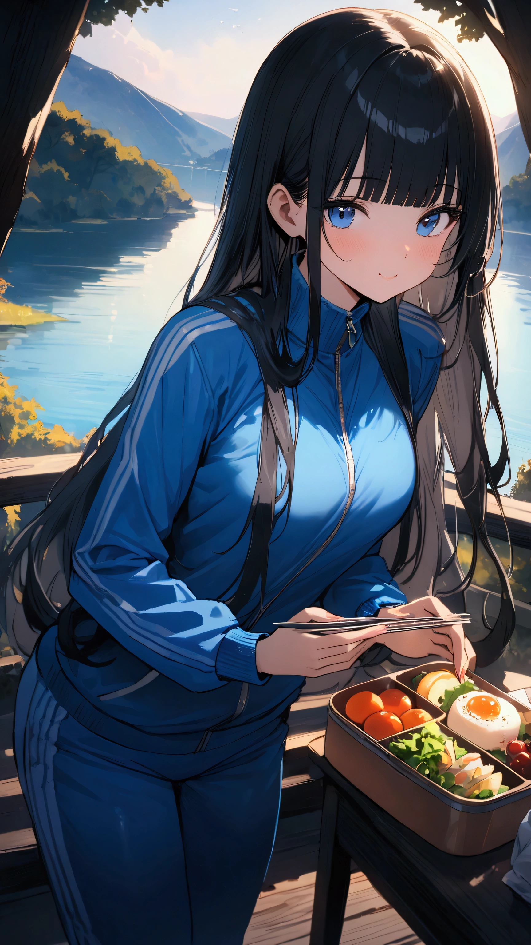 masterpiece, Highest quality, Ultra-high resolution, Very detailed, (beautiful girl: 1.3), (((Long hair with bangs))),Black Hair,Looks about 15 years old、 (Blue sweatpants:1.3), (The jacket is a blue track jacket....: 1.3), Lake View Hill、Round and beautifully shaped butt,,She is eating her lunch with gusto、Lunch box with food、Beautiful tree々 8k, , Very detailed, 