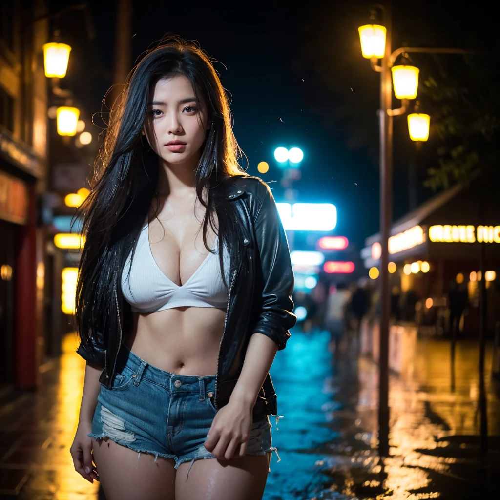 1 girl, solo, long hair, Rough skin, (looking at viewer:1.2), wet hair, micro_ shorts, dark, polaroid, (depth_of_field:1.5), siting in coffee shop, hair between eyes, moody lighting, Tyndall effect, Cinematic Lighting, night, lamppost, lens flare, available light, rim light, glowing neon lights, curvy, chinese _ style,