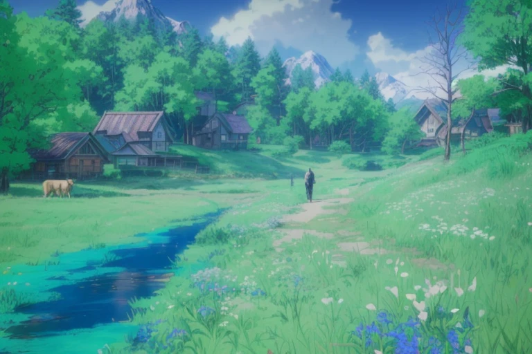 anime scene of a man and a dog walking in a field, anime countryside landscape, anime landscape, detailed scenery, pc screenshot, hyper-detailed environment, hyper detailed scene, highly detailed environment, beautiful screenshot, detailed environment, distant village background, lush scenery, complex detailed environment, detailed photo of virtual world, ultradetailed environment, anime scenery, velly distant forest
