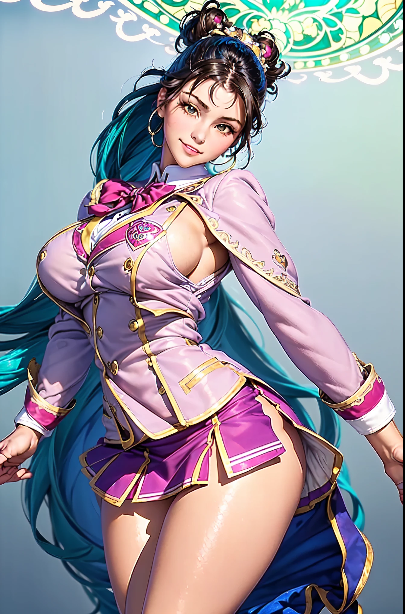 ((Mucha style)),(Vulgar),((JK girl)), open leg stand, (from thigh up),Too big,Pompadour,(Put your arms behind your back:1.2),((Sex addiction))((highschool uniform)), highschool skirt, Half of it sticks out from the clothes,(High position:1.6),((Detailed face)) smile, ribbon,