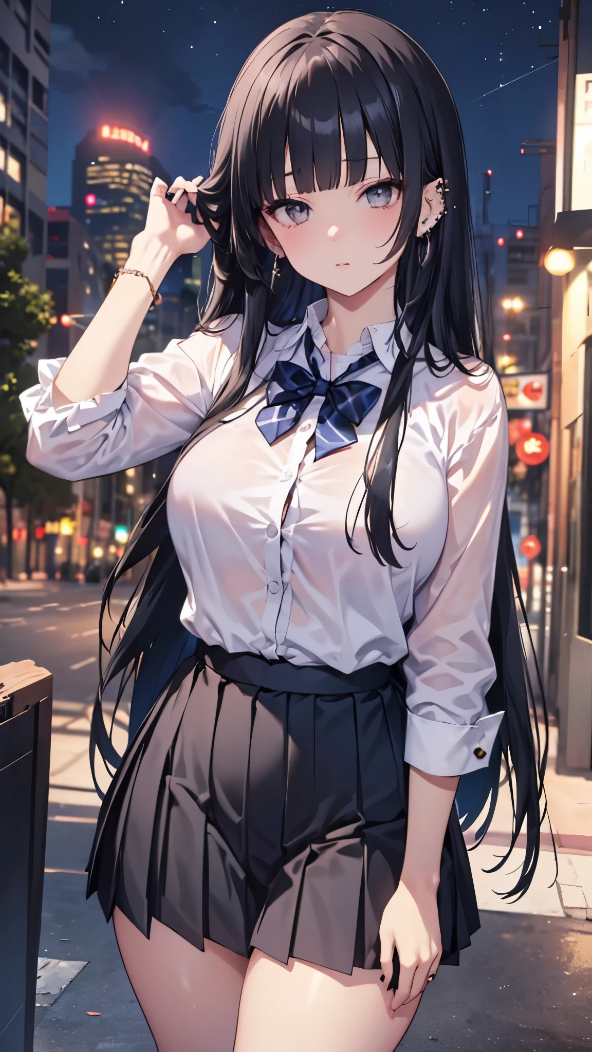 (masterpiece、Highest quality、Very detailed))、One girl、gyaru、Black Hair、Long Hair、blunt bangs、himecut、Grey Eyes、((lots of piercing))、Large Breasts、((White collared shirt))、A bow tie、((Black pleated skirt))、、Thick waist、Thick thighs、Cowboy Shot、((night))、Downtown background
