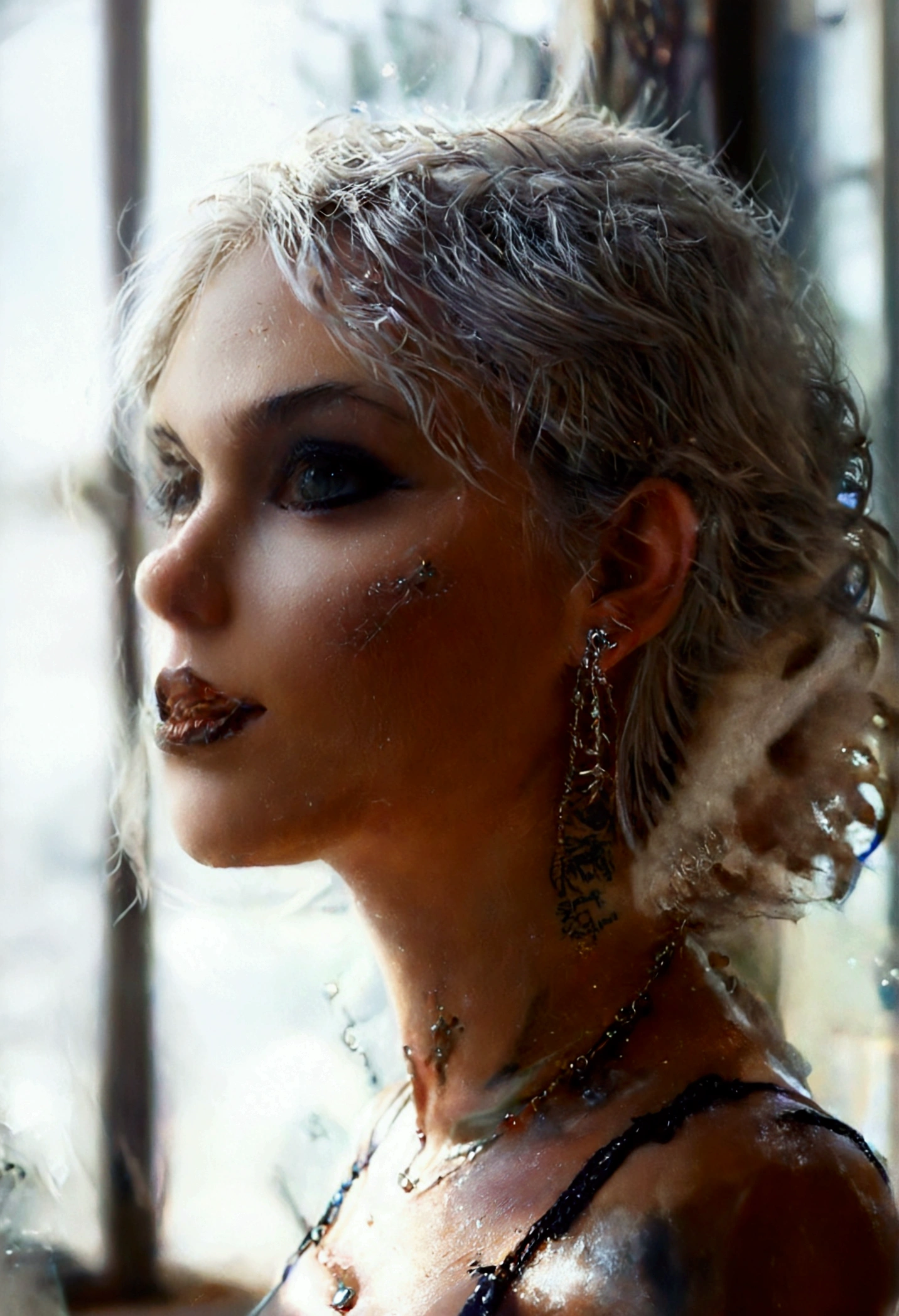 Zoya, perfect lighting, extremely detailed CG, 1girl, breasts, earrings, jewelry, makeup, medium breasts, necklace, shorthair, solo, tattoo, arm tattoo, silver hair, wet, standing, pants, crop top,((masterpiece:1.2, best quality, high resolution, distinct image)), Zoya from path to nowhere, muscular female, sharp eye, tattoo, perfect lighting, big breasts, bright white hair, black lips