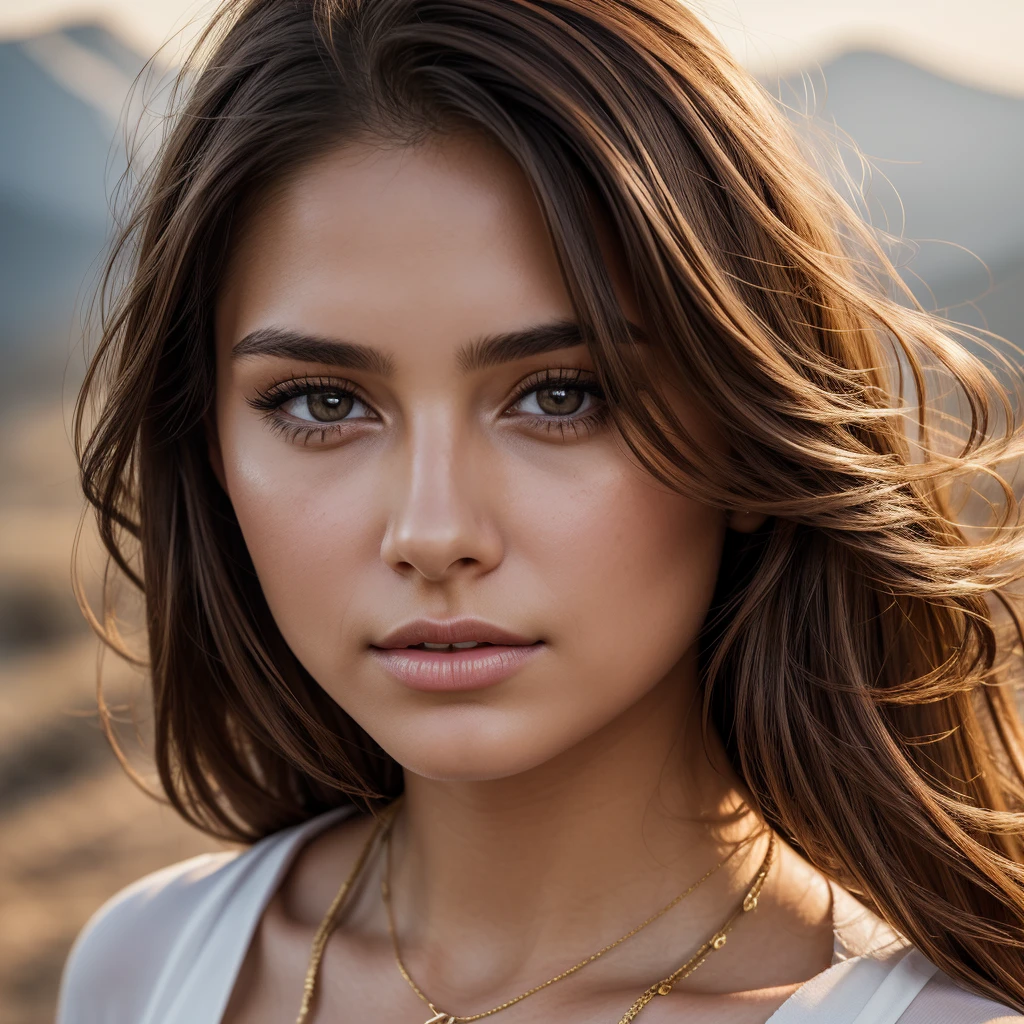 High-resolution frontal portrait photograph featuring a elegant young woman with realistic skin with soft signs of wrinkled, long realistic hair in the wind, brown hair. She has striking brown shine eyes, a straight nose, and full lips. Her expression is neutral, and she is looking directly at the camera. The background consists of lut place, which is slightly out of focus, making the subject stand out prominently. The lighting is natural, highlighting her facial features and giving a soft glow to her realistic skin. add a simple cable chain necklace to the model.