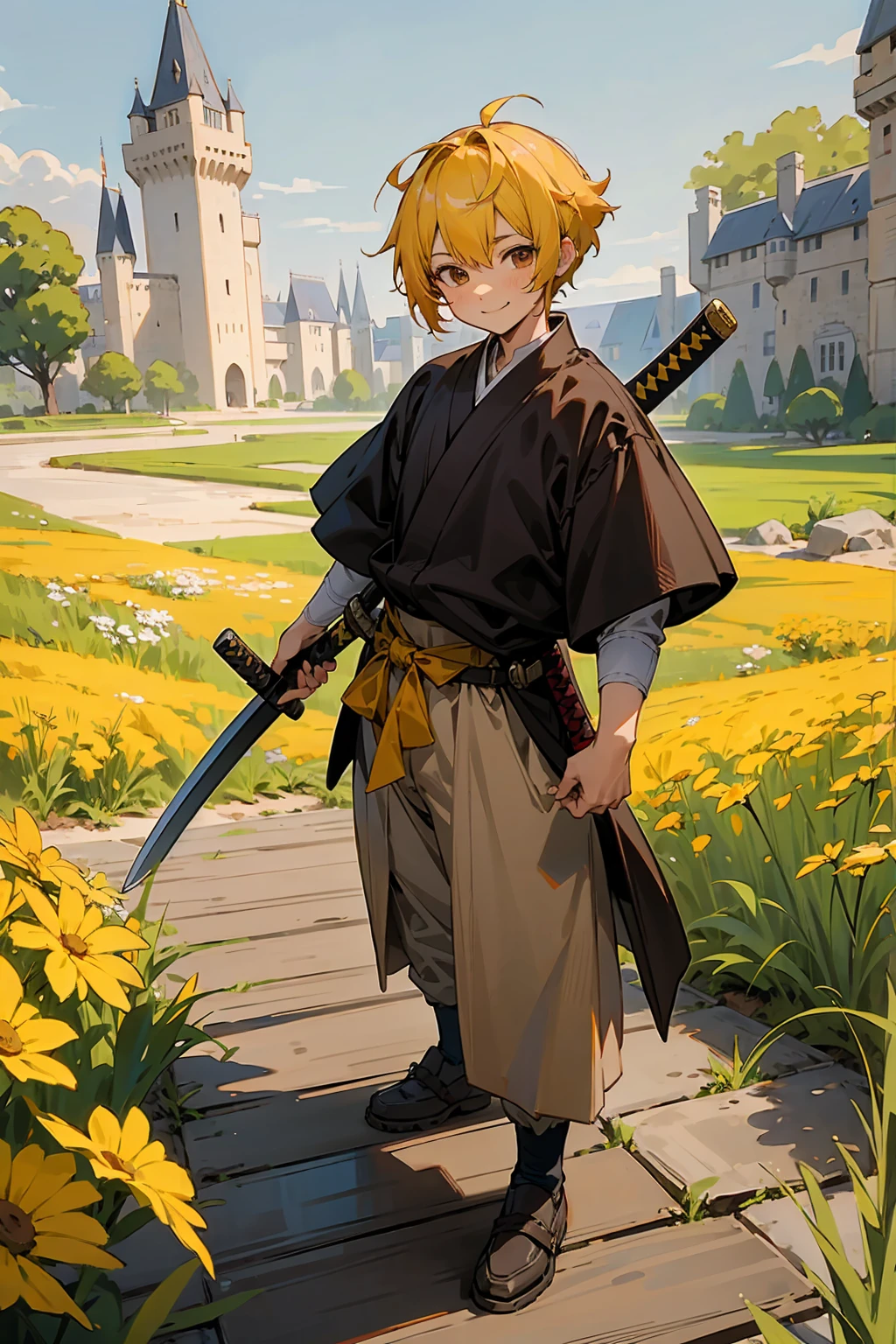 1male, Kid, Brown Eyes, Yellow Hair, Multicolored Hair, Short Hair, Castle, Katana, Standing on Path, Smile, Sunny Day, Medieval Clothes