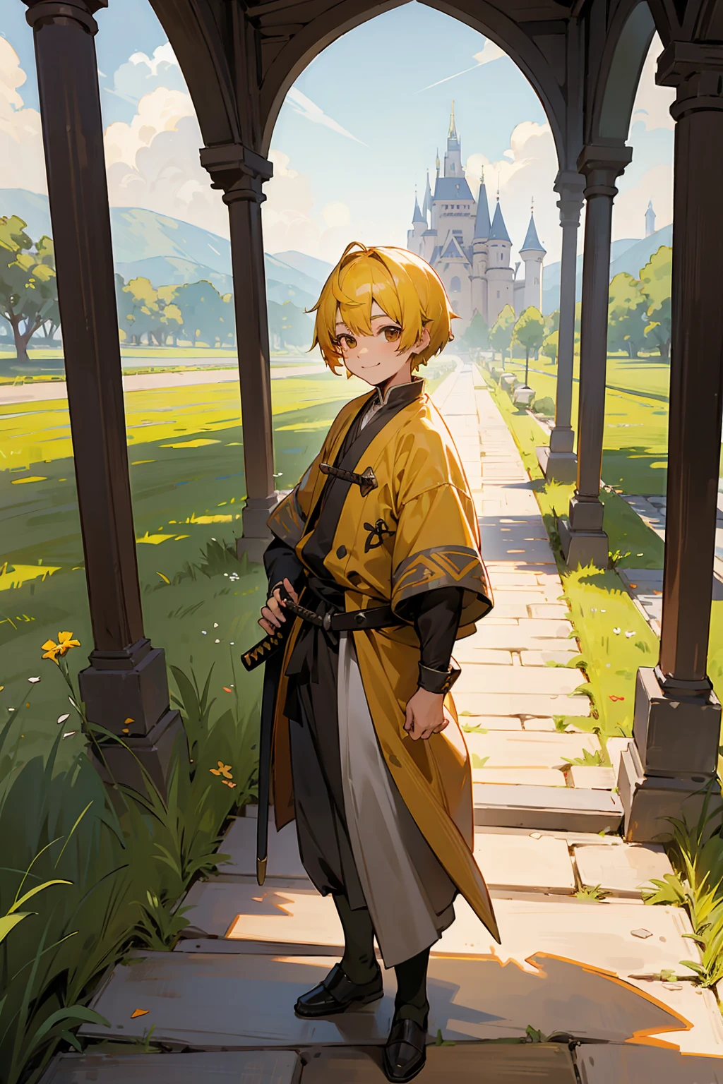 1male, Kid, Brown Eyes, Yellow Hair, Multicolored Hair, Short Hair, Castle, Katana, Standing on Path, Smile, Sunny Day, Medieval Clothes 