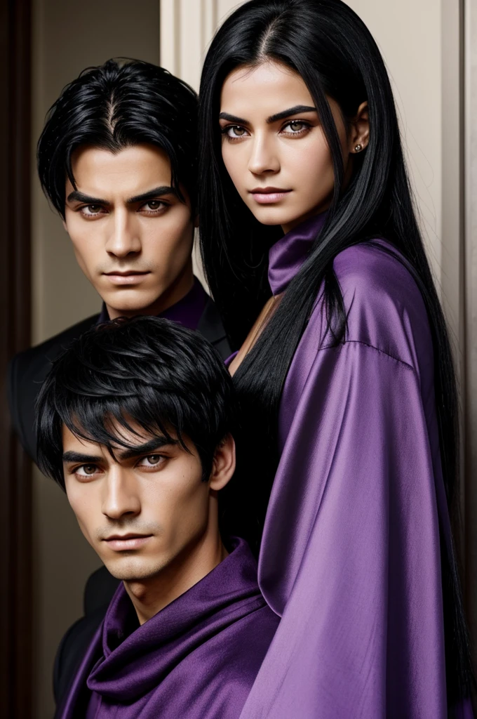 Woman with black hair and purple eyes, He has a deep, straight and noticeable scar on his left eye caused by a spike knife., his gaze is penetrating but warm