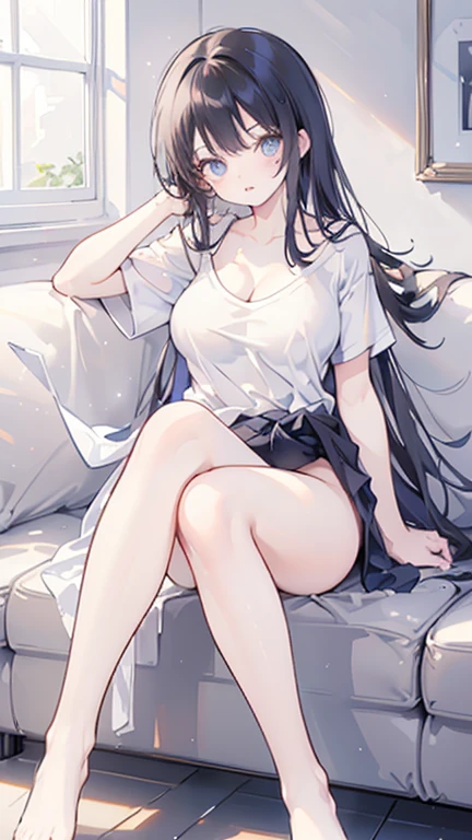 (Highest quality)), ((masterpiece)), (detailed), Perfect Anatomy,((Full body shot 1.5)),One woman,28歳のBeautiful woman,Married Woman,口を開いて微笑むMarried Woman,The look of temptation,Very sexy,(((Big Breasts,1 wearing a large white T-shirt.8,One Piece T-shirt,A large t-shirt that reaches down to the waist,No bra))),Small nipples,Open-chested T-shirt,Emphasize cleavage,
Beautiful woman,Beautiful Face,Big eyes,Beautiful Eyes,Well-formed double eyelids,Beautiful teeth alignment,8 head body,Beautiful body lines,Slender body,Beautiful Hands,Beautiful legs,Long hands,Long legs,Long and flexible hair,Shiny hair,Black hair,Full body shot 1.4,Embarrassed expression,blush,Half-open mouth,from below,Beautiful shoulders,Beautiful collarbone、(((Legs apart 1.9,1 with your legs wide open.9,Woman sitting on sofa 1.9,))),(((press breasts together1.9))),((Lift up the bottom of your T-shirt 1.9,White panties)),Crotch is fully visible,Leaning backwards with hands behind back,I'm not wearing a skirt,