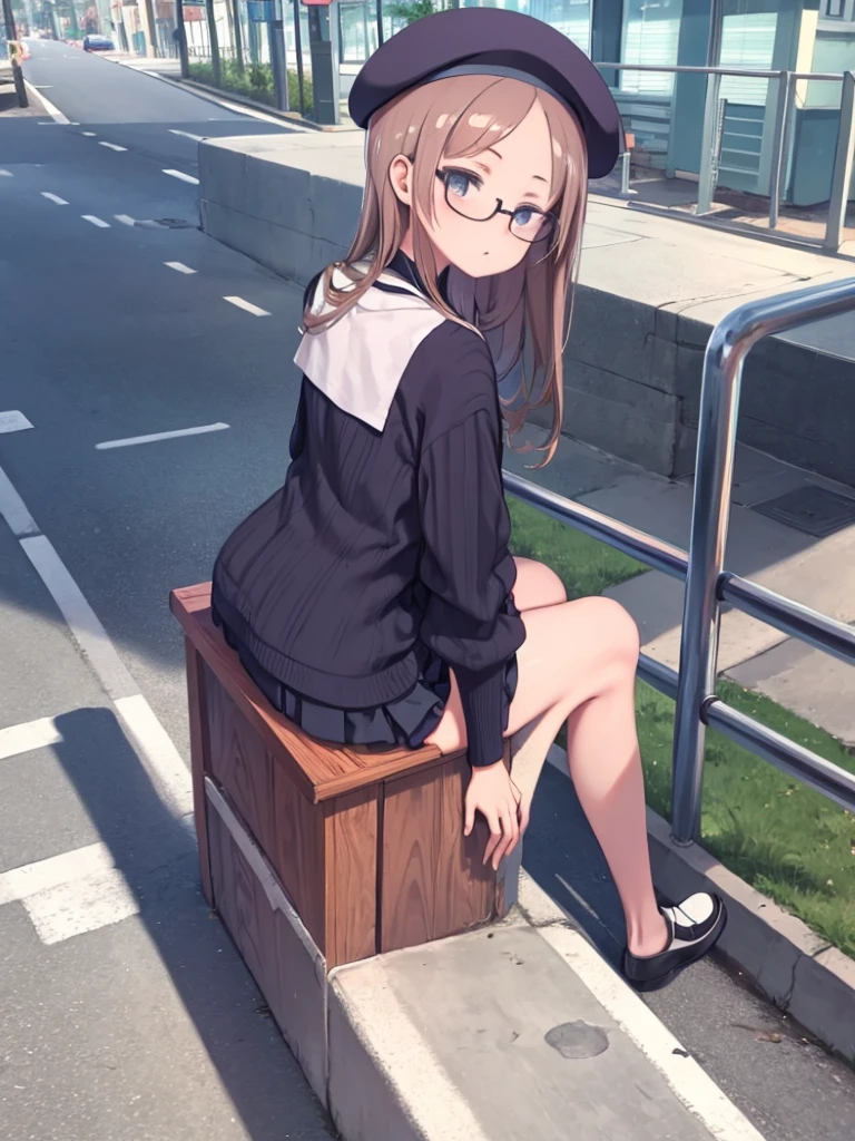 One Girl、In town、Sidewalk、sit on the guardrail、beret、Glasses、Shoulder、mini skirt、look back、