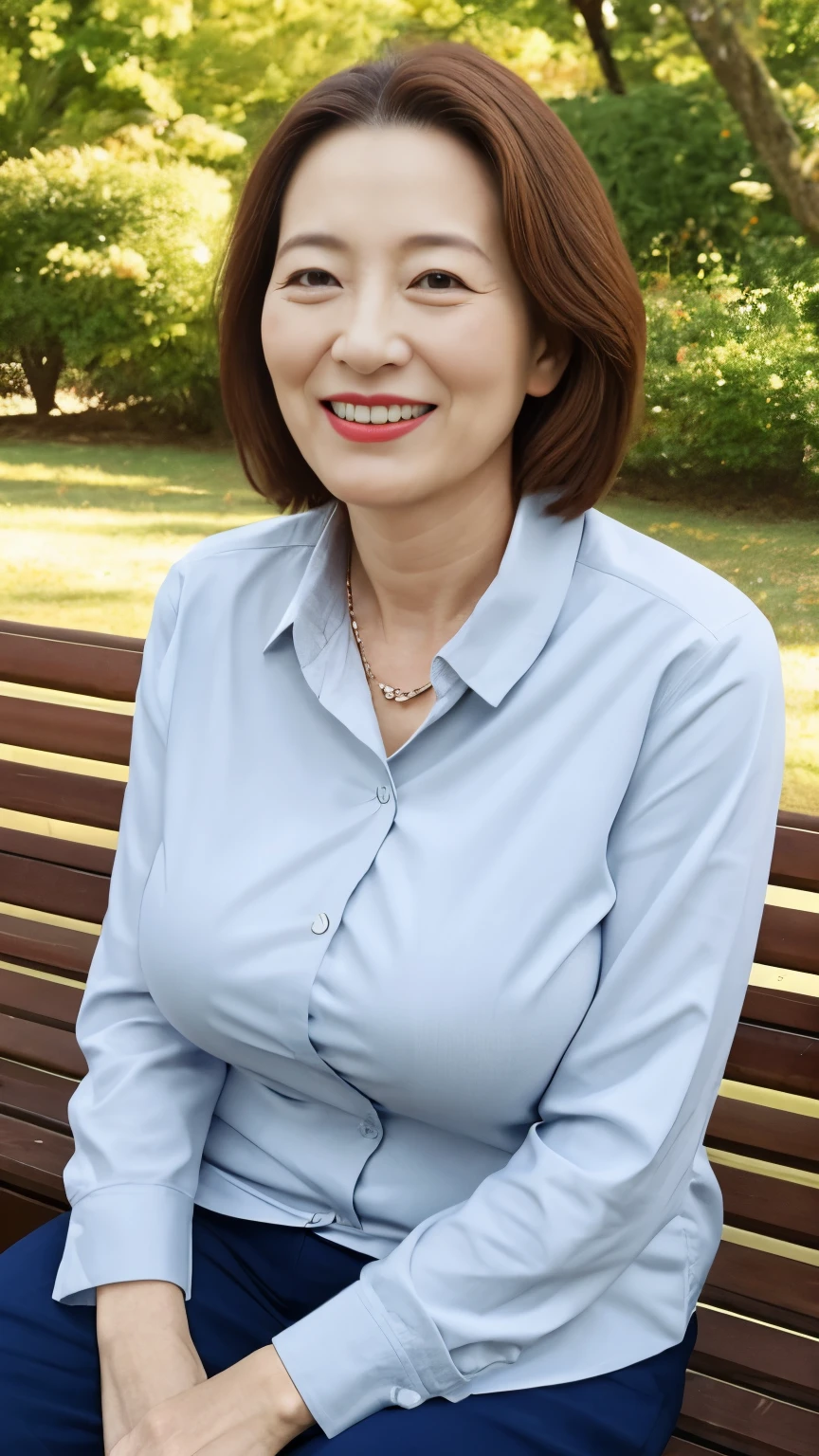 sitting on a park bench, Wrinkles around the eyes, Smiling with teeth showing, Plain short-sleeved clothing, senior citizen, Draw lips correctly, Red lipstick, No discomfort, 16K, Highest quality, Very detailed, Realistic, Very detailed肌, Japanese, alone, 60 years old, Large Breasts, , Glamour, sexy, , Staring straight ahead,