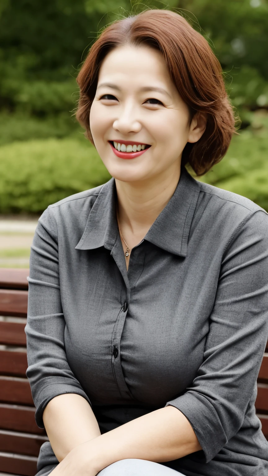 sitting on a park bench, Wrinkles around the eyes, Smiling with teeth showing, Plain short-sleeved clothing, senior citizen, Draw lips correctly, Red lipstick, No discomfort, 16K, Highest quality, Very detailed, Realistic, Very detailed肌, Japanese, alone, 60 years old, Large Breasts, , Glamour, sexy, , Staring straight ahead,