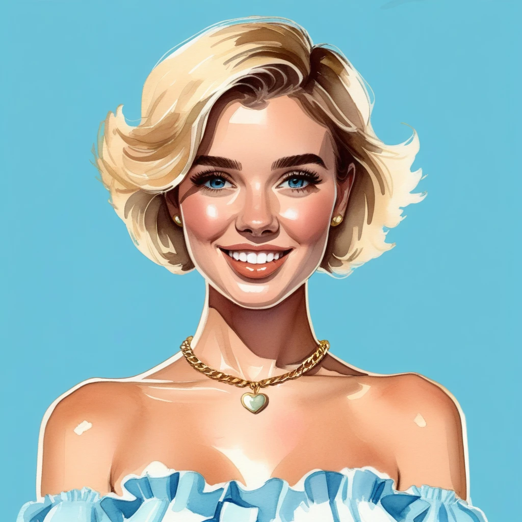 best quality,watercolor illustration of a 25-year-old young woman with blonde hair in a short, straight bob cut, wearing a light blue strapless top with puff sleeves and a ruffled neckline. She is wearing white shorts, has her hands crossed in front of her, holding a brown bag in her right hand and looking to the right with her mouth open. She is wearing a gold necklace. cartoon style, cute,etailed eyes and perfect face. Colored sketch, Bowater art style, watercolor art style, colored illustration, colored digital illustration, Lois van Baarle and Rossdraw, procreate illustration, artistic cartoon, colored illustration in style, colored portrait