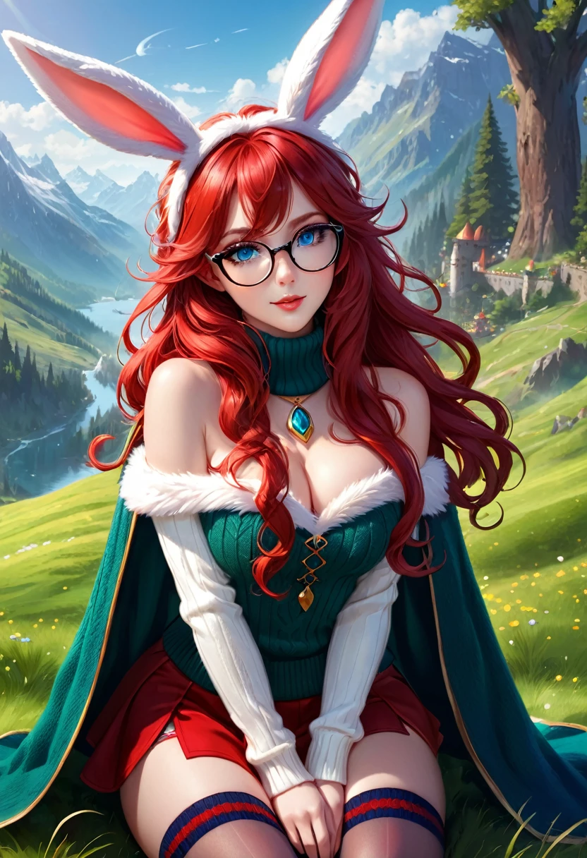 Woman, bunny woman, red long hair curls, round glasses, blue eyes, elven style stockings, short white sweater with off-shoulder vest sleeveless knitted sweater with high collar, big (((red))) bunny ears on the head, masterpiece, ultra beautiful woman, ultra deautiful image, AURORA (LEAGUE OF LEGENDS)
BLUE EYES
SoLO
1GIRL
RABBIT EARS
RABBIT TAIL
GREEN CLOAK
ROUND EYEWEAR /)
FUR TRIM, пикантная внешность, апетитная и сногсшибательная женщина, fantasy style, fairy tale, game concept art, Illustration in the style of artists Stanley Lau, Sakimichan, Greg Rudkovsky, Artgerm --stylize 900 --style scenic,