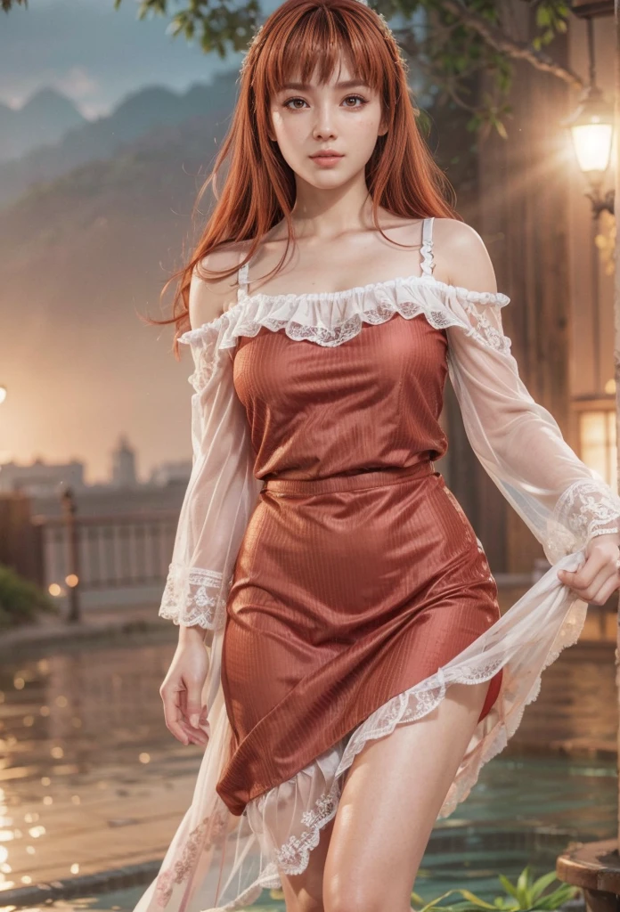 Kasumi, brown eyes, Red Hair, (best quality, ultra detail), (realistic:1.37), beautiful and detailed face, ultra-realistic texture, Delicate face, delicate body, red lipstick, bright colors. high definition, 8K. a soft, beautiful smile