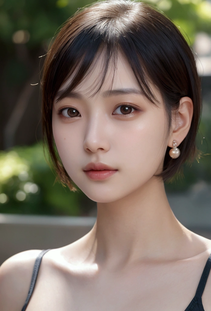 super close up shot,22-year-old Japan woman,One girl,short hair,masterpiece,Highest quality,Super detailed,High resolution,4K,8K,Ultra-Realistic Capture, Very detailed, High resolution 16k 人間の皮膚のクローズアップ,Skin texture must be natural, So detailed that even pores can be distinguished,Skin looks healthier, In a unified tone,Use natural light and color,Wide Side Part,Straight hair,Thin Hair,Silky Hair,Chandeli earrings