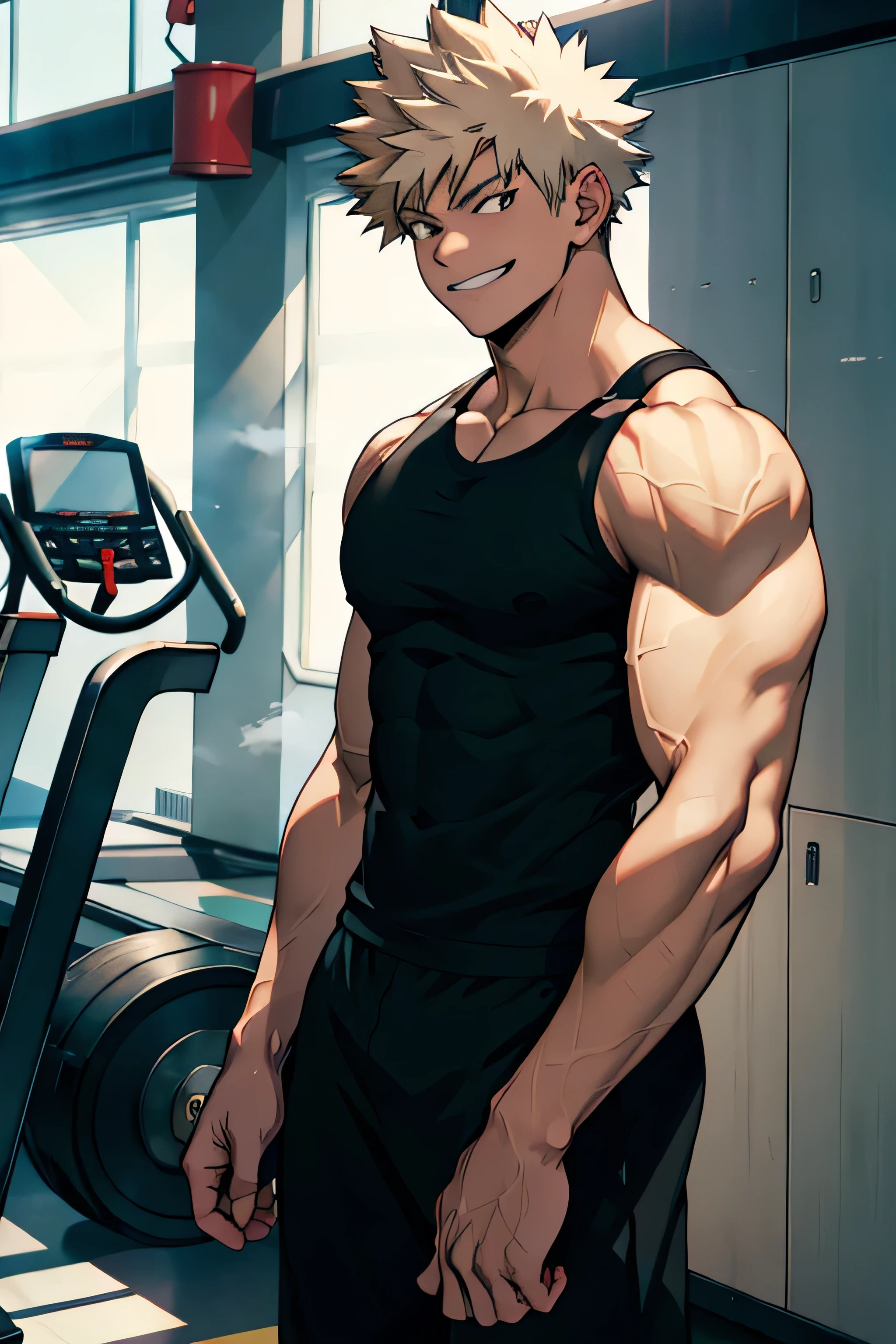 Katsuki Bakugo from Boku No Hero Academia, wearing black gym pants and black tank top, smug smile, bodybuilder, defined body, abs, big muscles