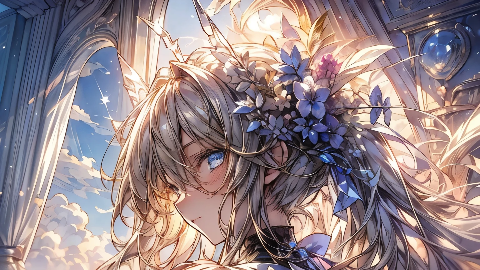 ((super detailed),sky background,beautiful clouds,The light from the back window is backlit.,element,Watercolor pattern in calm colors),(watercolor texture), ((1 girl),long gray hair,blonde hair,blue eyes,adorable,Angelic),light smile,lolita prostitute,best image quality
