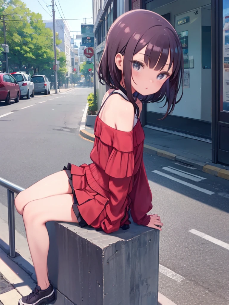 squatting,open legs、Crotch zoom、Legs2Book、Panties with horizontal stripes、M-shaped legs、Spread your legs、sit on the step、In town、bustling street、cap、Shoulder bag、mini skirt、Private Server、Girl、Girl、Younger、、flat chest、forehead、Squinting、Glaring、ground