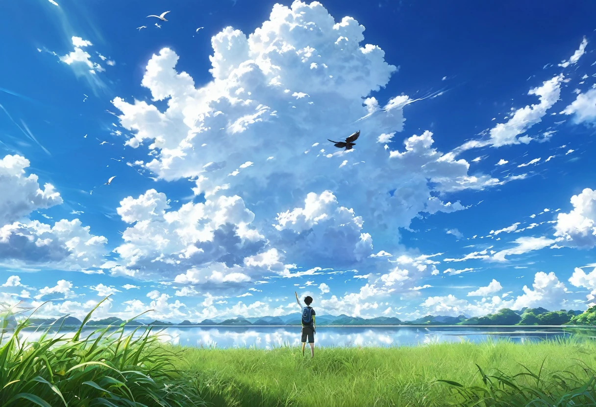 anime, anime landscape, Man watching the clouds, In the grassland, creative, Realist, White cloud, blue sky, Wonderful landscape, Man looking away from the camera, Wide Photography, Realistic grass, Flying Bird. The middle lake, The sky is reflected in the lake, student、youth、Hot summer sky、Raising his fist